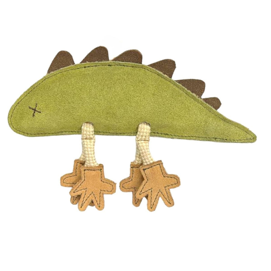 Georgie Paws Larry Lizard dog toy in green suede with brown spikes and dangling feet