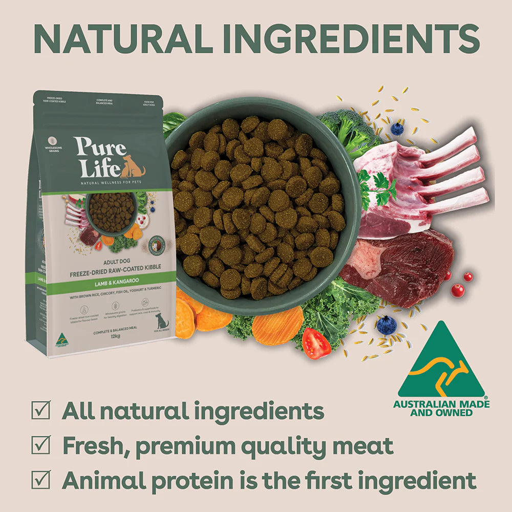 Pure Life – Adult Dog – Freeze-Dried Raw Coated Kibble – Lamb & Kangaroo