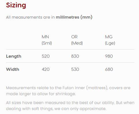 Size layout for snooza dog bed in mm - length and width