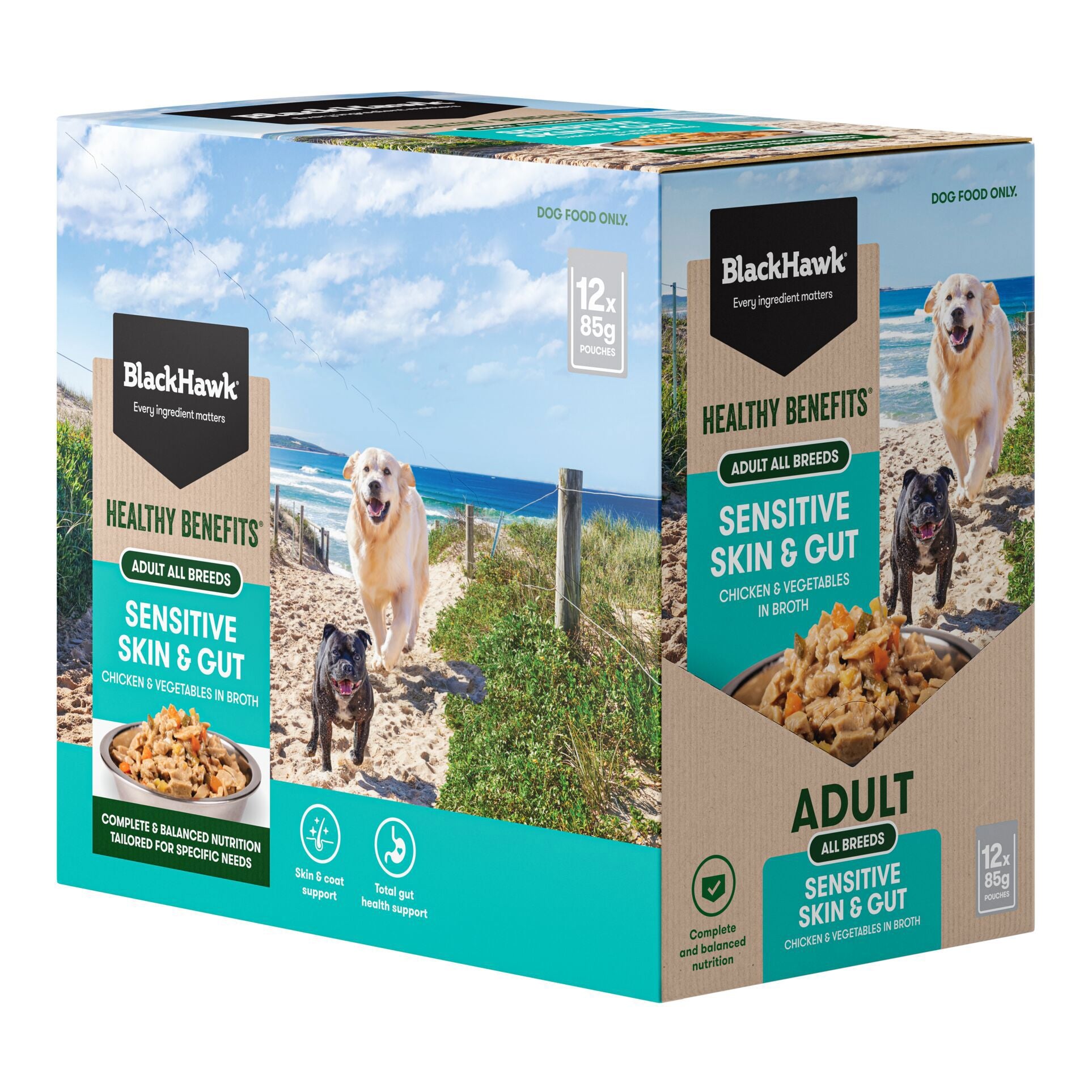 Black Hawk – Wet Food Pouches – Adult Dog – Healthy Benefits Sensitive Skin & Gut
