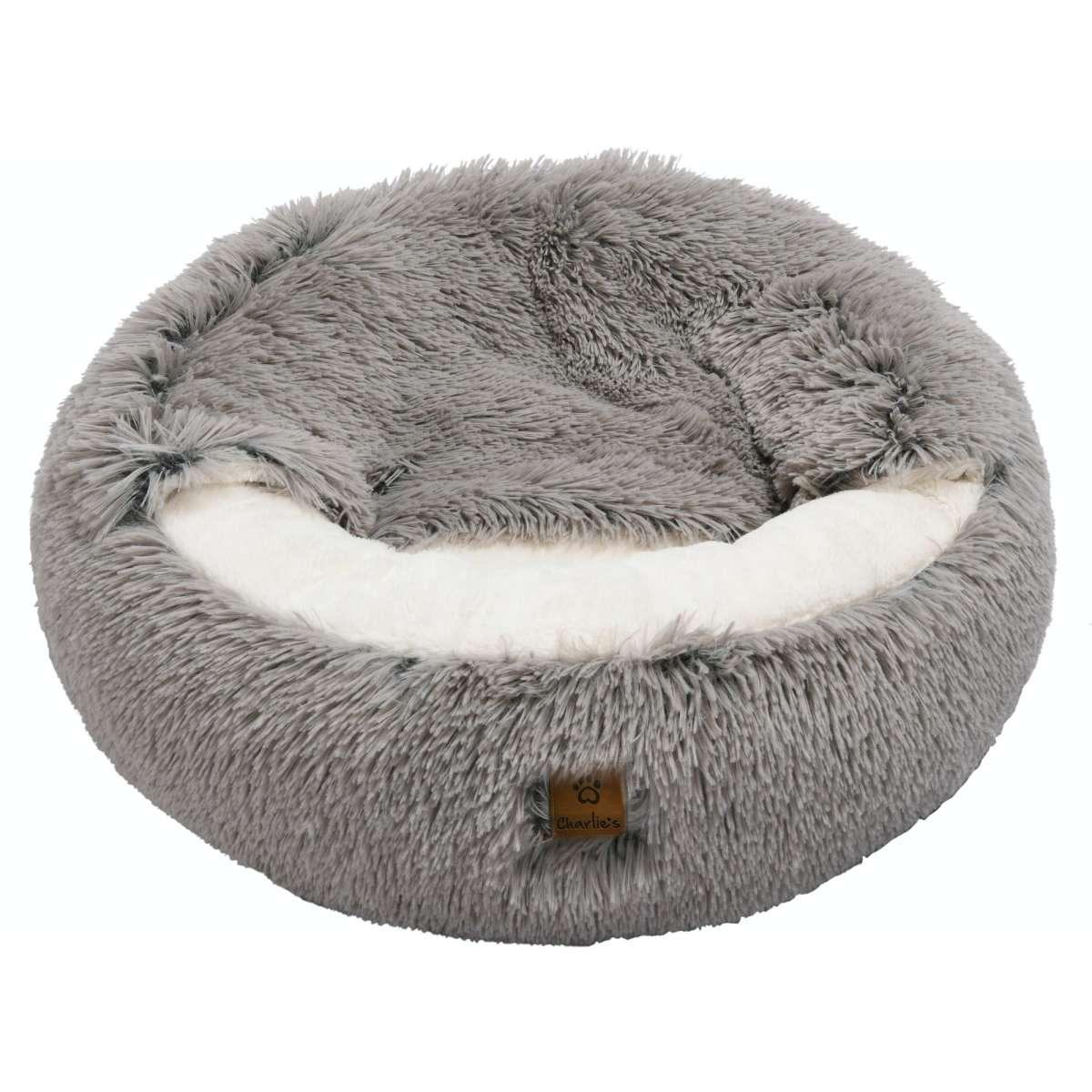 Charlie’s – Snookie Hooded Pet Bed – Faux Fur – Grey - The Pet Standard