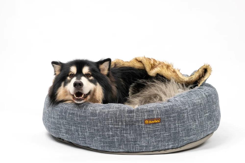 Charlie’s – Snookie Hooded Pet Bed – Faux Wolf Fur & Linen – Dark Grey - The Pet Standard