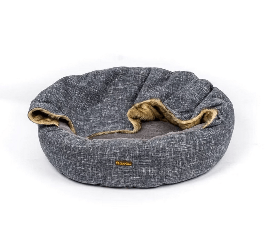 Charlie’s – Snookie Hooded Pet Bed – Faux Wolf Fur & Linen – Dark Grey - The Pet Standard