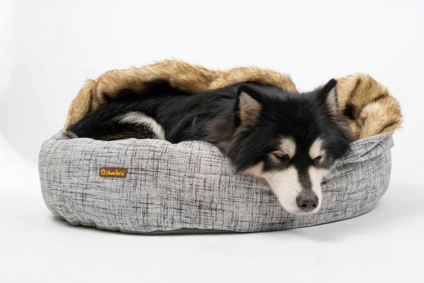 Charlie’s – Snookie Hooded Pet Bed – Faux Wolf Fur & Linen – Light Grey - The Pet Standard