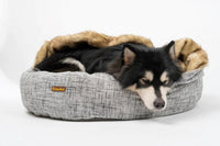 Charlie’s – Snookie Hooded Pet Bed – Faux Wolf Fur & Linen – Light Grey - The Pet Standard