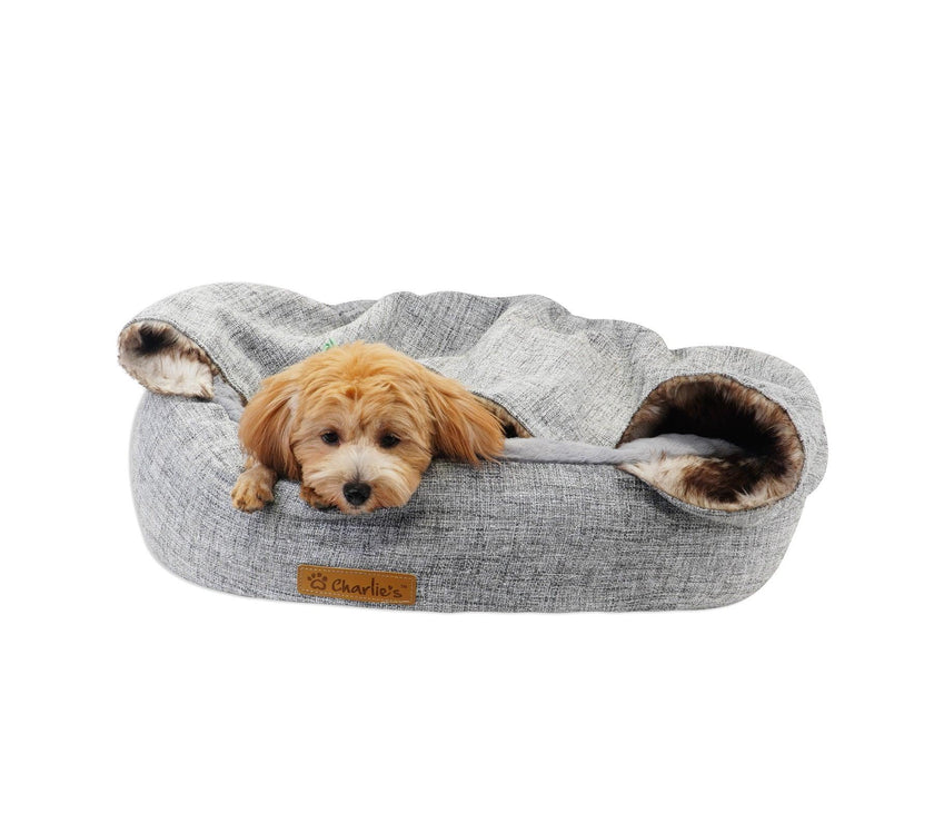 Charlie’s – Snookie Hooded Pet Bed – Faux Wolf Fur & Linen – Light Grey - The Pet Standard