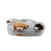 Charlie’s – Snookie Hooded Pet Bed – Faux Wolf Fur & Linen – Light Grey - The Pet Standard