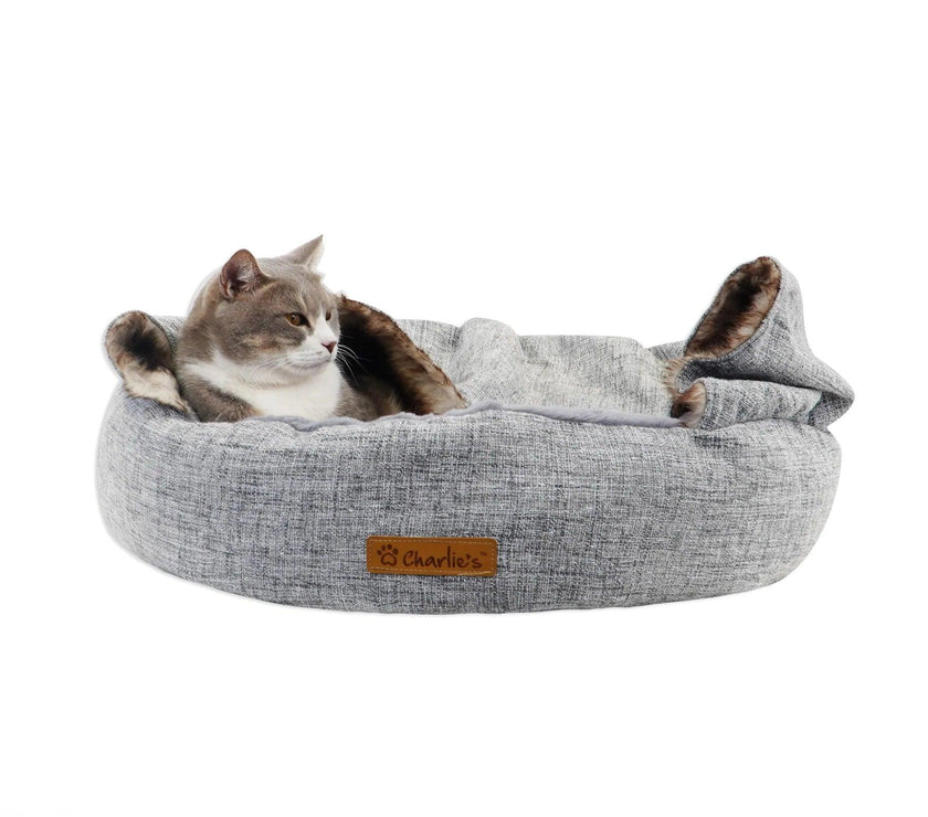 Charlie’s – Snookie Hooded Pet Bed – Faux Wolf Fur & Linen – Light Grey - The Pet Standard