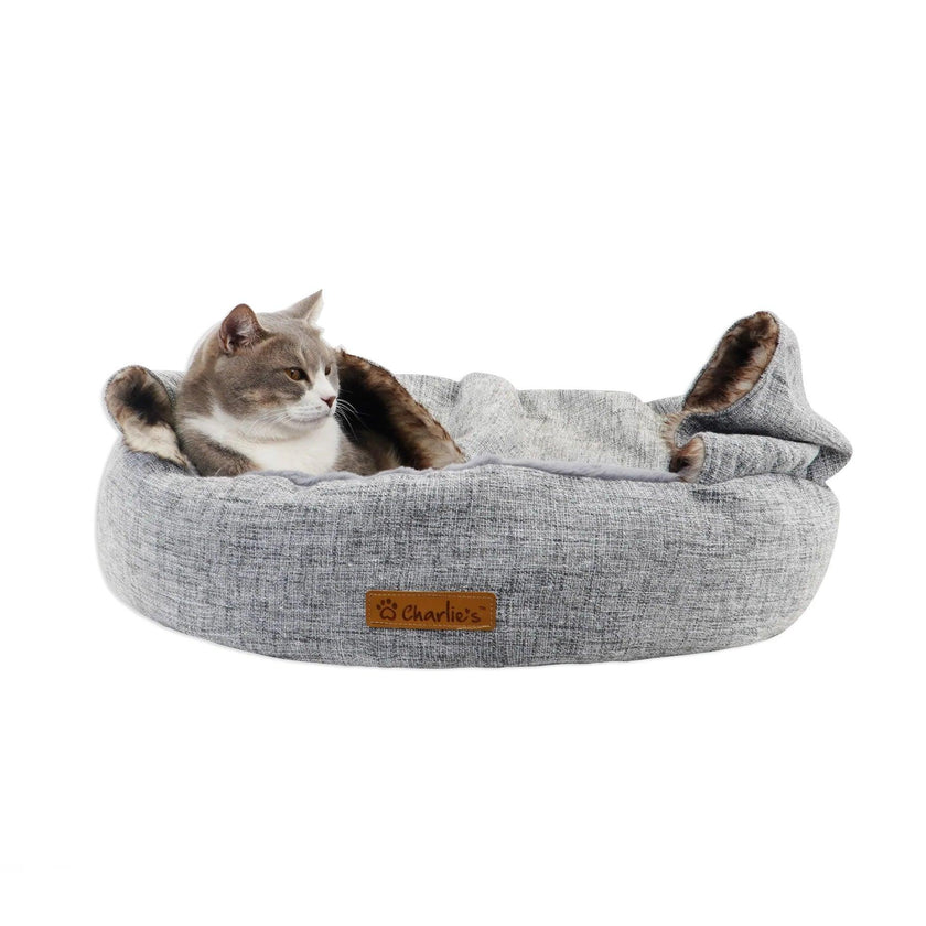 Charlie’s – Snookie Hooded Pet Bed – Faux Wolf Fur & Linen – Light Grey - The Pet Standard