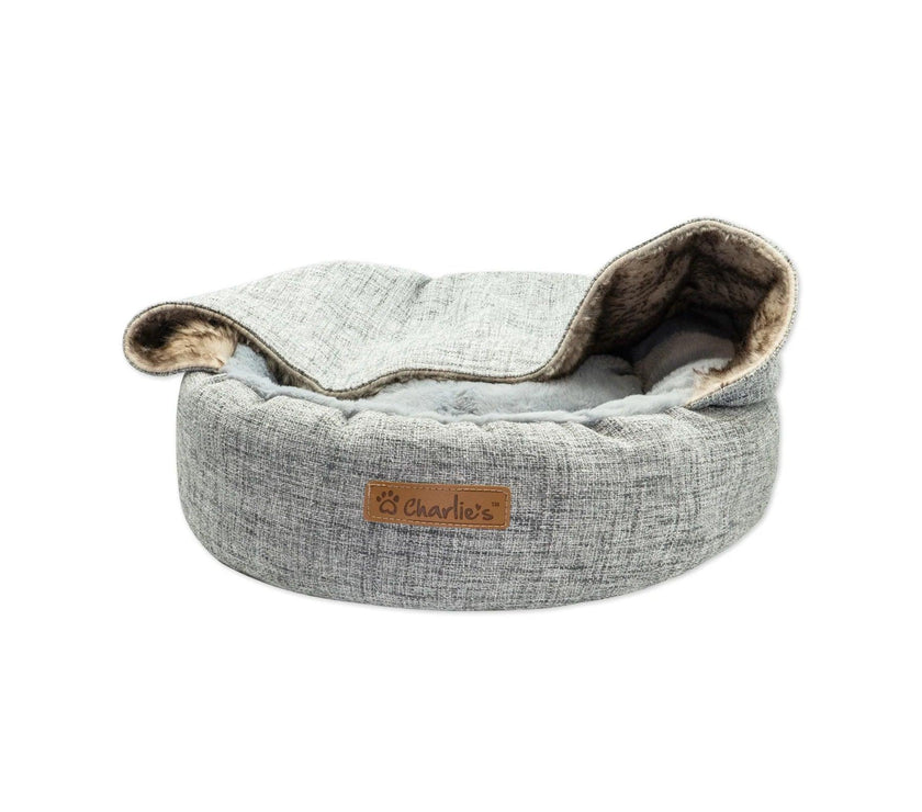 Charlie’s – Snookie Hooded Pet Bed – Faux Wolf Fur & Linen – Light Grey - The Pet Standard