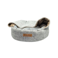 Charlie’s – Snookie Hooded Pet Bed – Faux Wolf Fur & Linen – Light Grey - The Pet Standard