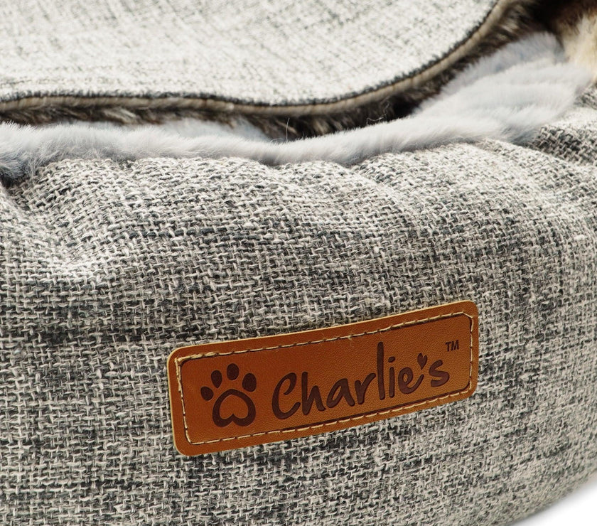 Charlie’s – Snookie Hooded Pet Bed – Faux Wolf Fur & Linen – Light Grey - The Pet Standard