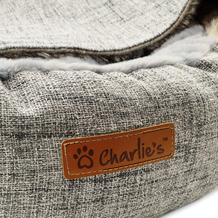 Charlie’s – Snookie Hooded Pet Bed – Faux Wolf Fur & Linen – Light Grey - The Pet Standard